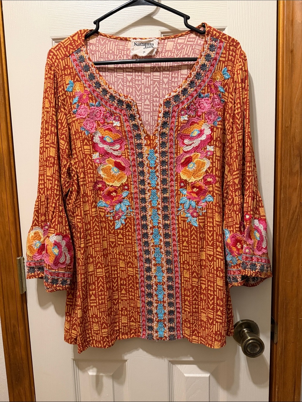 Savanna Jane Rust Orange Embroidered Floral V-Neck Tunic